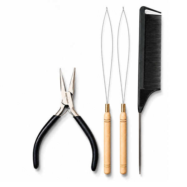 hair extension tool kit with small pliers, two loop threader tools with wooden handles, and a black rat-tail comb for attaching hair extensions into hairstyles