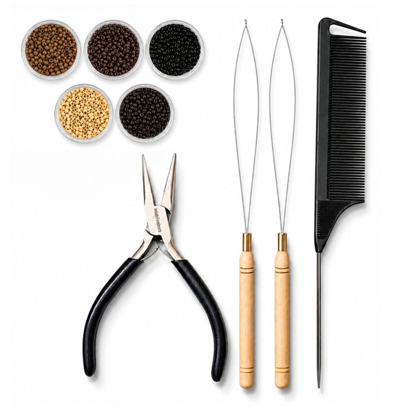 premium hair extension tool kit for nano hair extension applications , including premium stainless steel hair pliers, 3mm size nano beads in 5 shades, 2 loop threaders and black rat-tail comb for neat sectioning for attaching nano hair extensions into hairstyles