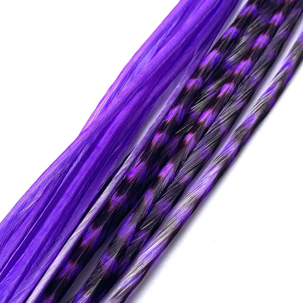 A collection of purple hair feathers, with varying lengths, displayed against a white background.