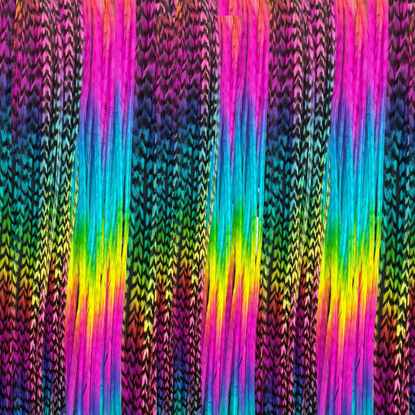 close up of rainbow multicolour solid and grizzly feather hair extensions in regular width ,real striped rainbow coloured feathers for feather hairstyling