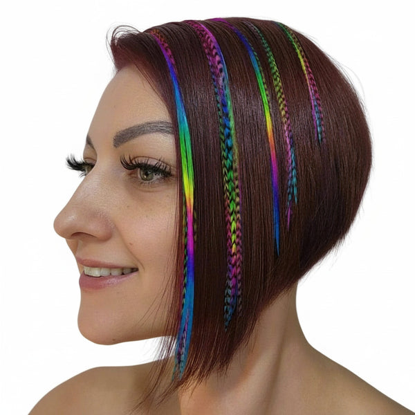 Woman with short brown hair featuring colorful rainbow feather hair extensions in solid and grizzly rainbow feathers 