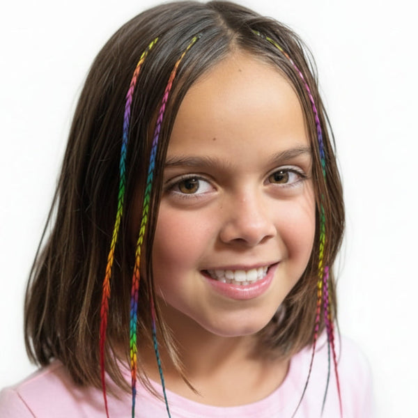 Young girl wearing colorful rainbow feather hair extensions in hairstyle