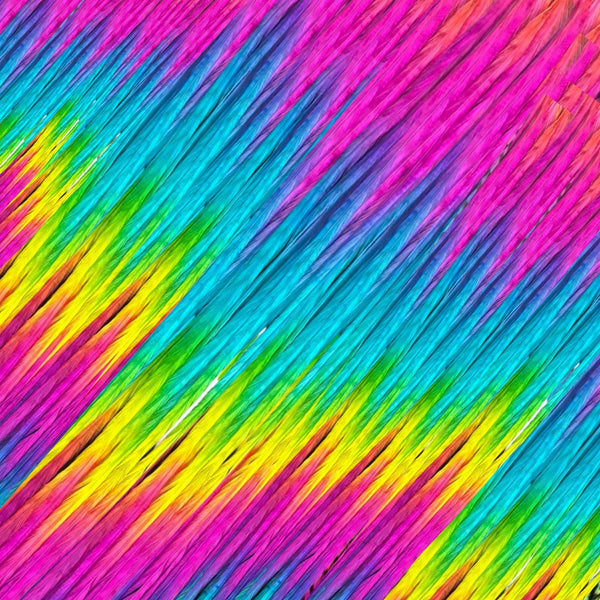 close up of bright rainbow solid feather hair extensions in regular width ,real rainbow coloured feathers for feather hairstyling