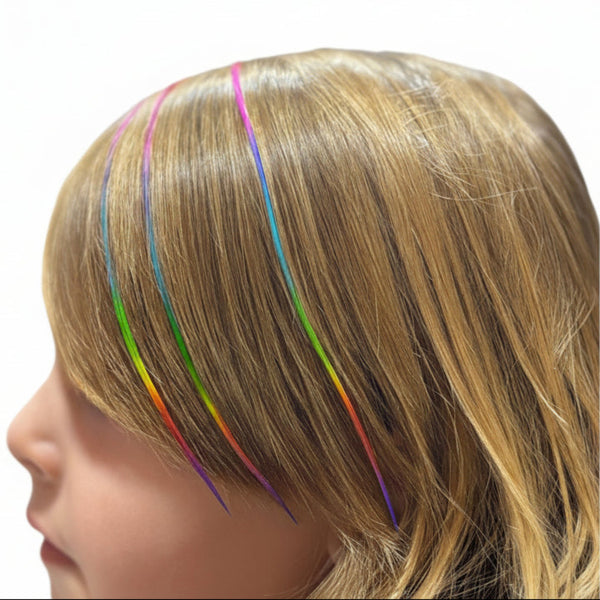Girl with blonde hair and colorful rainbow feather hair extensions on a white background