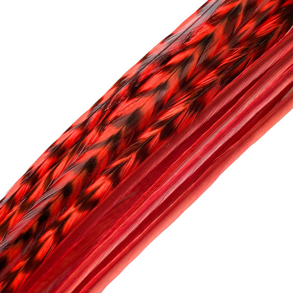 Red grizzly and solid feather hair extensions close-up, natural pattern real feather strands for hair styling
