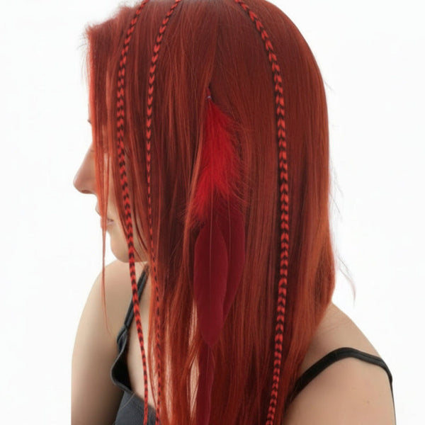 woman with red hair wearing red solid and grizzly feather hair extensions 