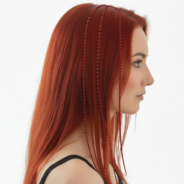 Woman with red hair styled wearing 3 skinny red grizzly feather hair extensions 