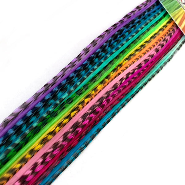 Colourful single colour feather extensions with grizzly pattern on a white background