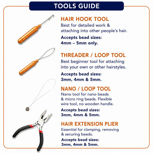 Tools guide with hair hook, threader/loop, and nano/loop tools by Wild4Feathers brand