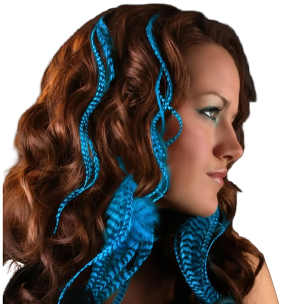 Woman with blue feather extensions in hair against a white background