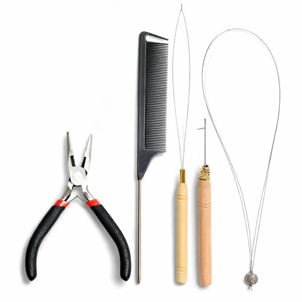 ultimate hair extension tool kit no beads includes carbon steel hair pliers, hook tool, loop tool threader, nano loop threader, and a black comb