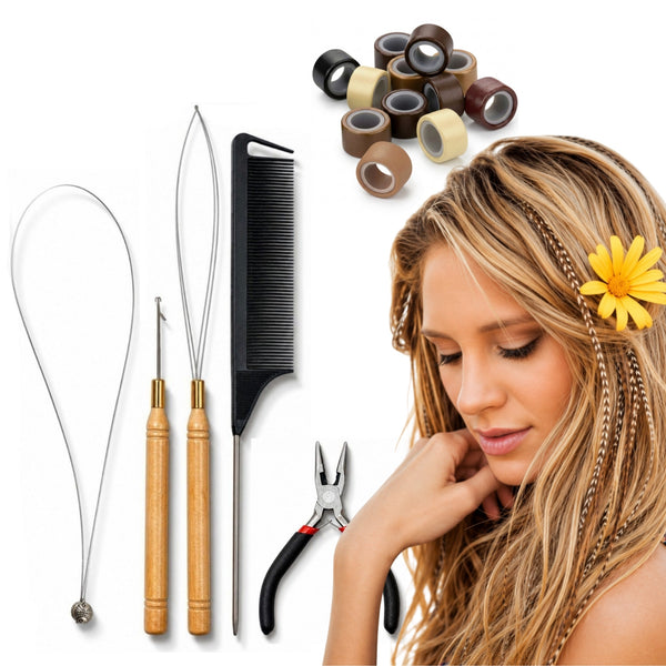Ultimate complete tool kit for installing feather hair extensions with hair tools of pliers, hook tool, loop tool threader, nano loop threader, and microbead rings into hairstyles, by Wild4Feathers brand