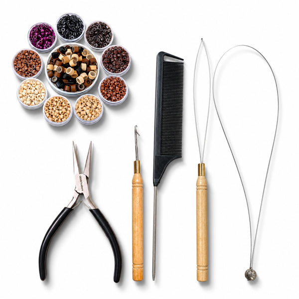 Set of hair extension tools including stainless steel pliers, hook tool, loop tool threader, nano loop threader, and a black comb with 5mm size micro-beads in multiple shades for attaching extensions into hairstyles