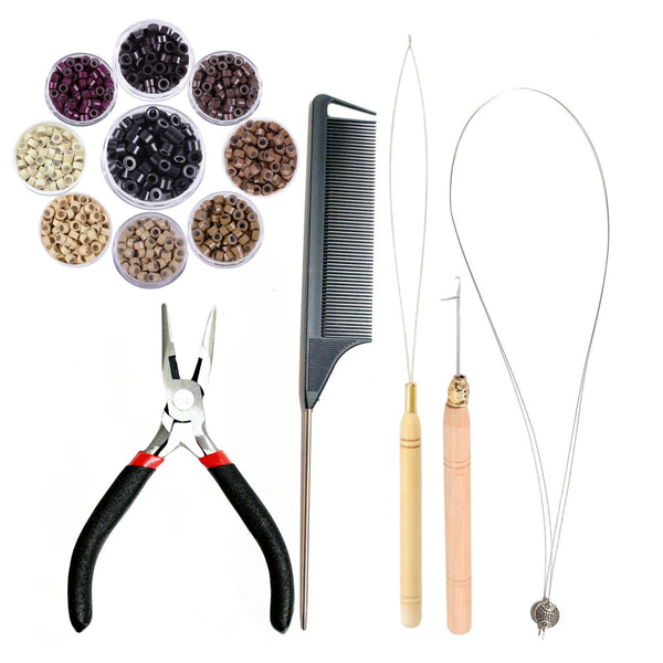 Hair extensions tool kit with pliers, loop tool threader, hook tool, nano loop tool and black comb on a white background