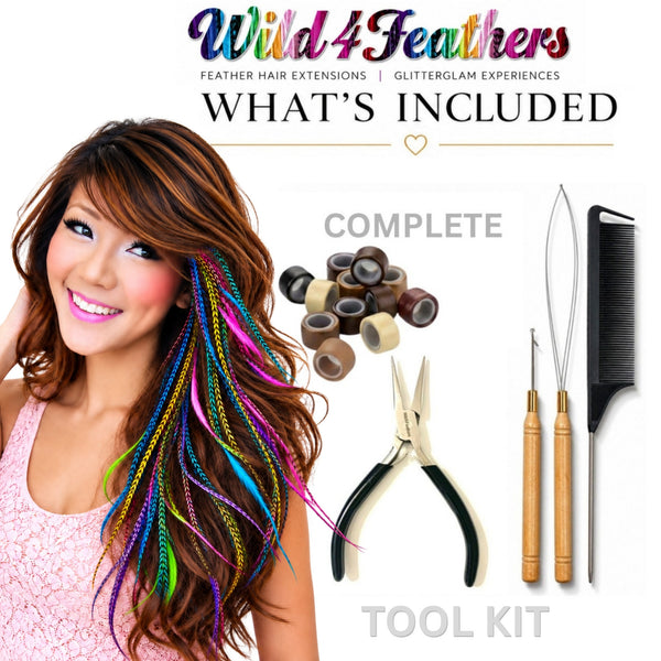 wild4feathers complete tool kit whats included with colour feather hair extensions pack