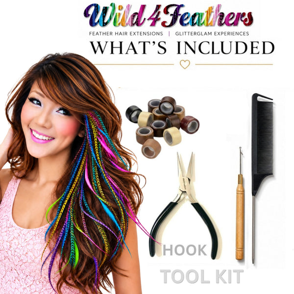 wild4feathers hook tool kit whats included with colour feather hair extensions pack