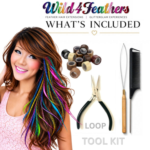 wild4feathers loop tool kit whats included with colour feather hair extensions pack