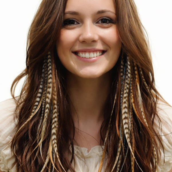 wide feather hair extensions naturals grizzly mix in brown brunette boho hairstyle by wild4feathers