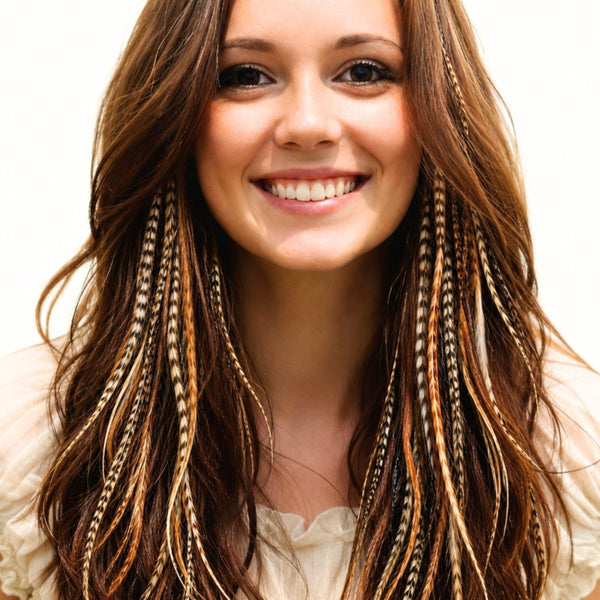 wide feather hair extensions naturals grizzly mix in brown brunette boho hairstyle by wild4feathers