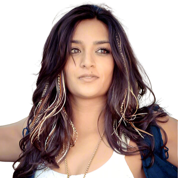 Woman with XXL feather hair extensions naturals mix wide and skinny super long grizzly feather styled in xl long hair a white background