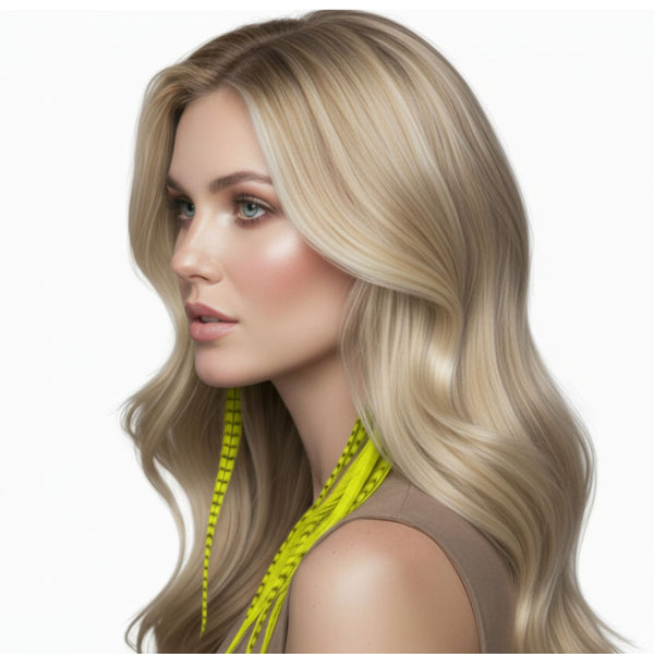 Woman with long blonde hair featuring yellow grizzly mix feather hair extensions on a white background