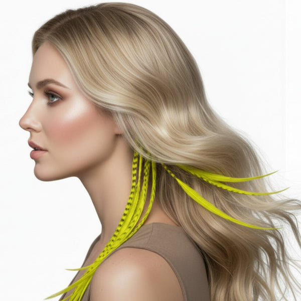 Woman with long flowing blonde hair featuring yellow grizzly mix feather hair extensions 