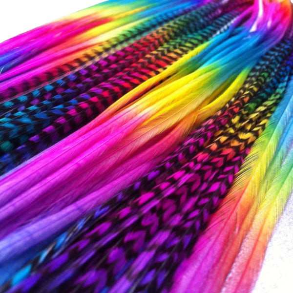 Rainbow feather extensions in a bundle